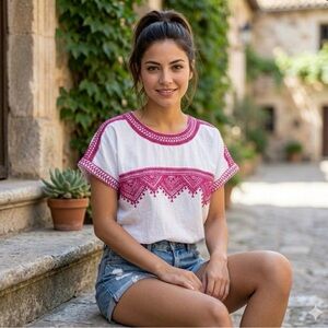 Embroidered 100% Cotton Medium Blouse by Pomegranate Inc.  white pink